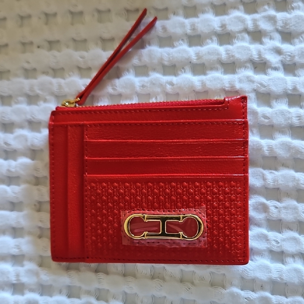 Carolina Herrera Red Leather Card Holder with Gold-Tone Accent - Picture 2 of 8